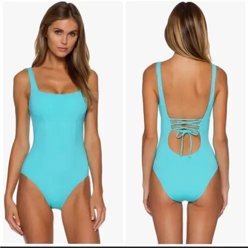 Becca Olivia One Piece Corset Square Neck Swimsuit in Sea Blue- Size Small