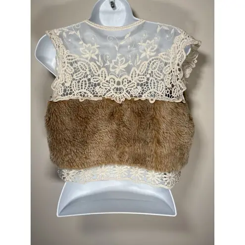 Mystree  Faux Fur Lace Vest Shrug Brown Cream Boho Hippie Festival Size Small