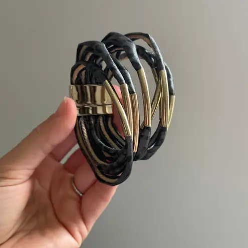 Chic Leopard Print Leather Cuff Bracelet with Gold Tone Metal Detail Boho Chic Black