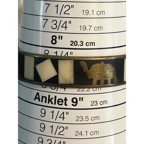 Vintage Brass Bangle Bracelet Mother of Pearl Inlay Elephant Trunk Up India 8.5" Black