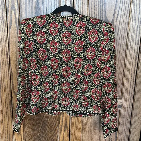Maggy London Vintage 80s Kenneth Nolan 100% Silk floral blazer jacket red gold 2