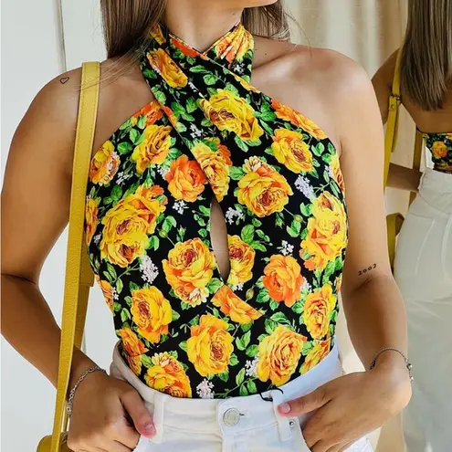 ZARA  Twist Neck Floral Halter Top Bodysuit Small Yellow Green Floral Sz M