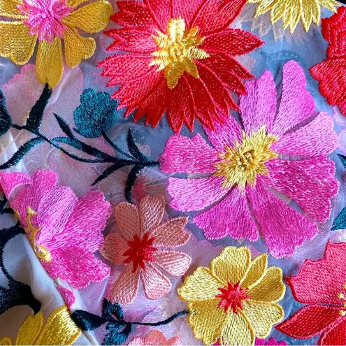 One Loved Babe Tan Orange Red Yellow Pink Floral Embroidered Tulle Maxi Dress. Size undefined