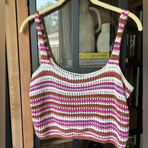 Mango  Crochet Cropped tank top stripes brown pink coverup swim bikini boho