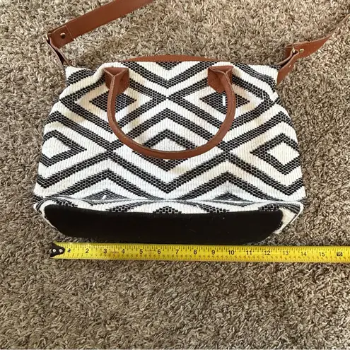 Tribe Alive geometric black white tan canvas textured fabric leather trim bag