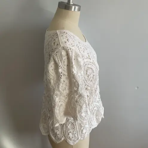 Solitaire Boho Crochet Short Sleeve Top- White- Size Medium