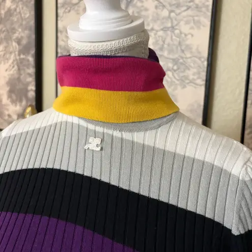 COURREGES Colorful Striped Ribbed Knit Turtleneck Sweater Size 1 Small Cashmere White