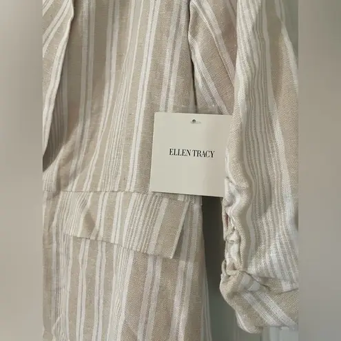 Ellen Tracy Linen Blend Striped Neutral 3/4 Sleeve Blazer Size Medium Coastal