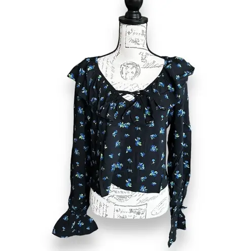 We Wore What New Ruffle Blouse Watercolor Black Multi Ditsy Blue Flower Small