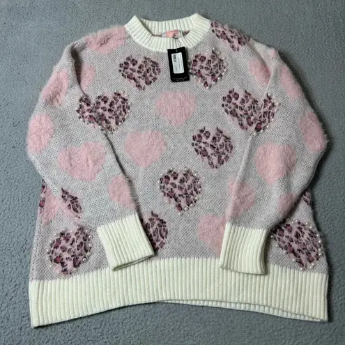 Glitz & Ears Sweater Womens M Pink Cream Fuzzy Leopard Heart Pearl Sweater NEW Size M