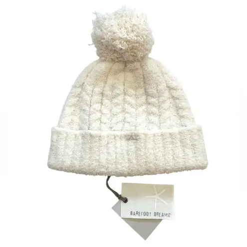 Barefoot Dreams CozyChic Cable Beanie with Pom Pom in Cream NEW