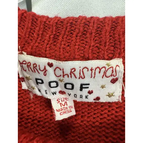 Poof New York Sweater Womens Medium Red Santa Ugly Christmas Pullover 3D Pom Pom