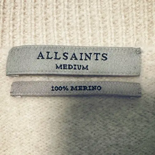 ALLSAINTS 100% Merino Wool Sweater Beige w/ Gray Stripe Size M Crewneck