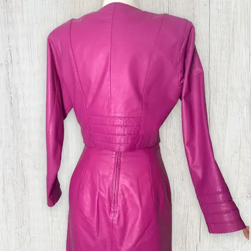 Vintage 80s Yucatan Bay Pink 2 Piece Leather Mini Skirt Jacket Matching Suit Set