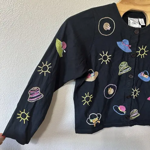 Michael Simon Lite Novelty Embroidered Cardigan Beach Summer Hat Print Cotton XL Black