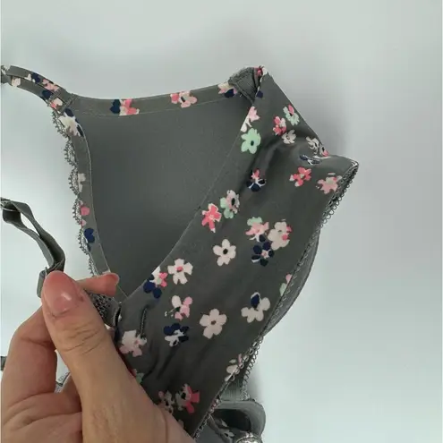 Aerie  Brooke Padded Bra Sz 34B Grey Floral Lace Trim