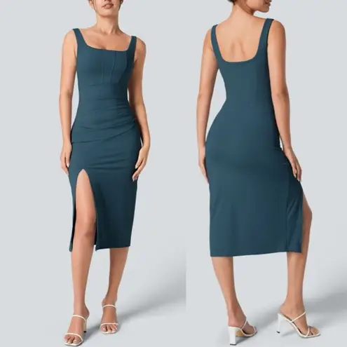 Halara Softlyzero Airy Square Neck Corset Ruched Bodycon Midi Dress Sz XL Blue