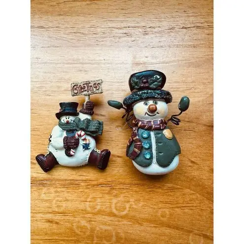 Vintage Lot Set of 2 Holiday Playful Fun Christmas Snowman Brooch Pins White