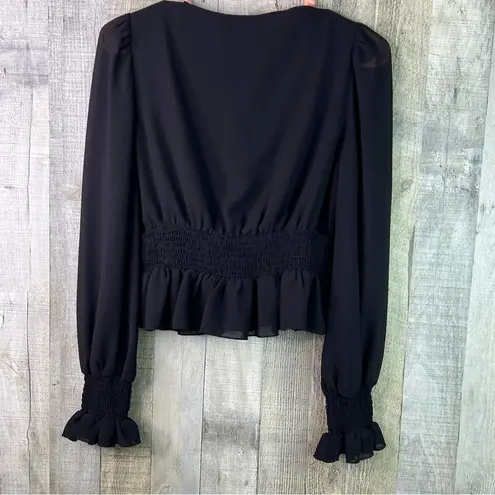 Lucy Paris Size XS Black Sheer Long Sleeve Faux Button Front V-Neck Ruffle Hem