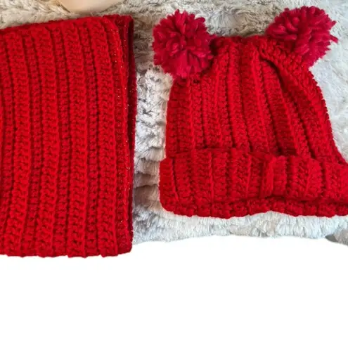 Handmade Bright Red (some gold touches) Crochet Hat & Scarf Set Cozy & Stylish