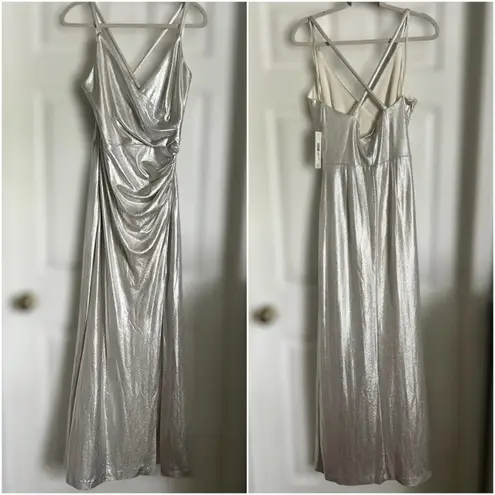 Eliza J Silver Surplice Evening Gown NWT Size 10 Maxi Dress Glam