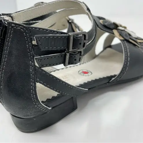 Bussola Black Tan Leather artsy Floral Flower Lisboa Sandals shoes Euro 38 US 8