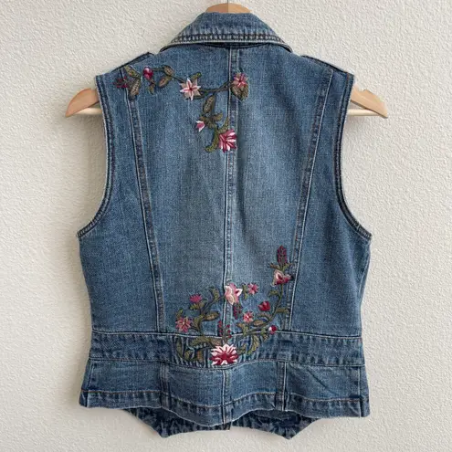 Department Of Peace Western Light Wash Denim Embroidered Floral V Neck Sleeveless Button Up Vest Top