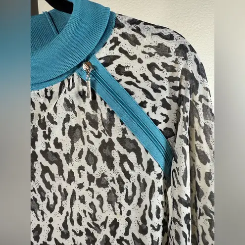 Leopard Print Colorblock Pullover Medium Black Gray Aqua Zip Accent Streetwear Blue