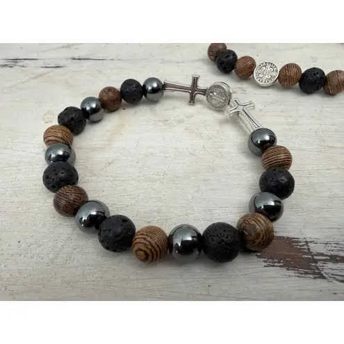 Men's Natural Stone Bracelet Set – Lava Rock, Wood Beads & Cross Charms 3 Pack