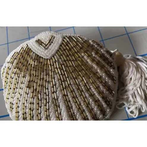 Amanda Smith Rare Vintage Clutch Evening Bag Coin Purse Beaded White Gold Zipper