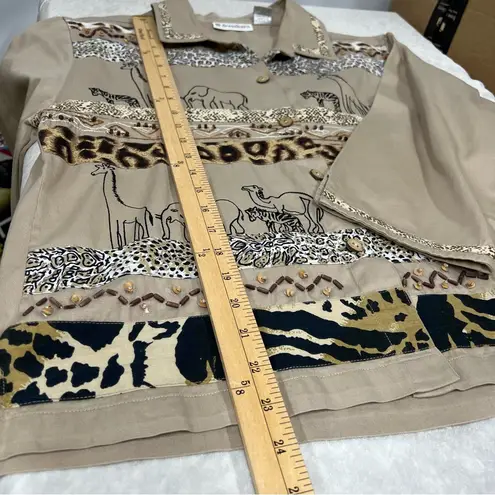 Dressbarn xl safari Animal Print ButtonUp embroidered beaded top jacket cardigan Tan