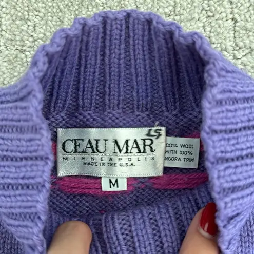 VTG 80s 100% wool turtleneck mock neck sweater pink purple ski motif apres ski Size M