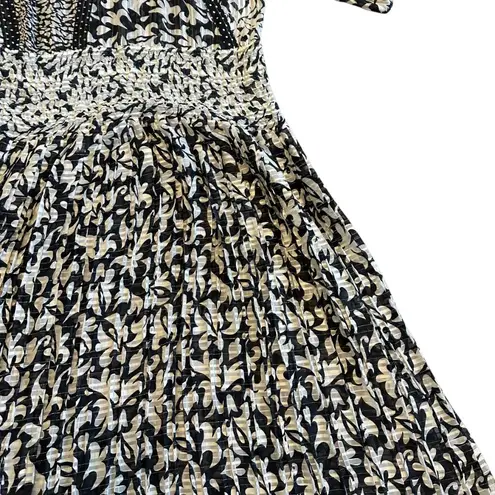 Diane Freis Georgette Black White Floral Dress Smocked Waist Asymmetrical Large