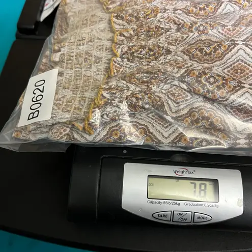 MELLODAY Peasant Top Small Brown Cream Diamond Print 3/4 Sleeve Smocked