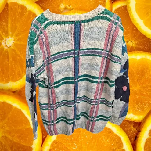 BEST American Clothing Co. Floral Plaid Knit Sweater Pullover Small Oversized Blue