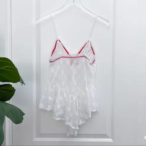 Vintage White Lingerie Lace Teddy Red Accent Small