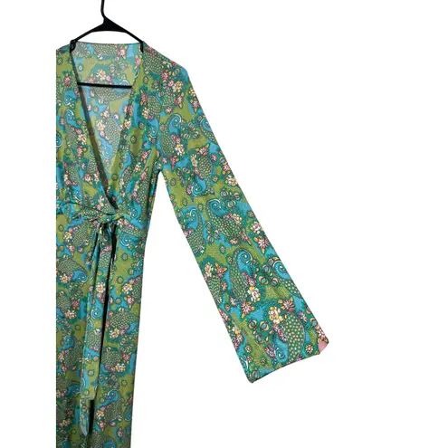 Vintage Sears Maxi Wrap Dress Green Paisley Floral Long Sleeve Boho Bohemian Size XS