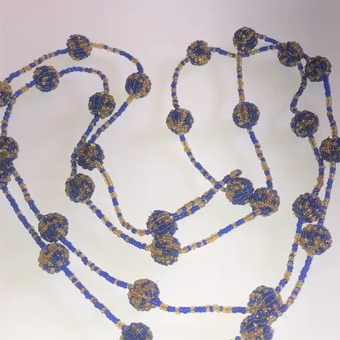 Vintage Blue  & Gold/Yellow Color Seed Bead Beaded Balls Boho Necklace