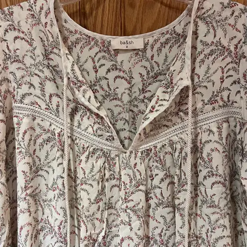 Ba&sh Esra Floral Embroidery Lattice Detail Mini Dress w/ Tassels Beige Size 8