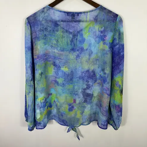 Isaac Mizrahi IMNYC M Abstract Watercolor Tie Hem Blouse Sheer Boho Artsy Top