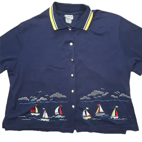 Bonworth Vintage 90s Embroidered Sail Boats Button Up Shirt Women’s XL Nautical