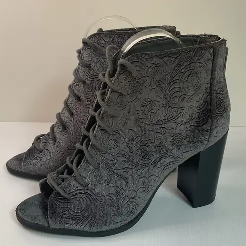 Report Ankle Booties Block Heel Brocade Open toe Lace Up Gray Sz 7.5 Women's