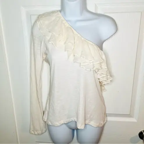 Anthropologie  Sheer Polka Dot Ruffle One Shoulder Top Cotton Long Sleeve Cream L