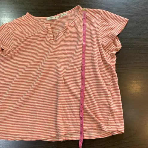 Orvis Linen Shirt Womens Medium V-Neck Orange Stripes Outdoorsy Summer READ