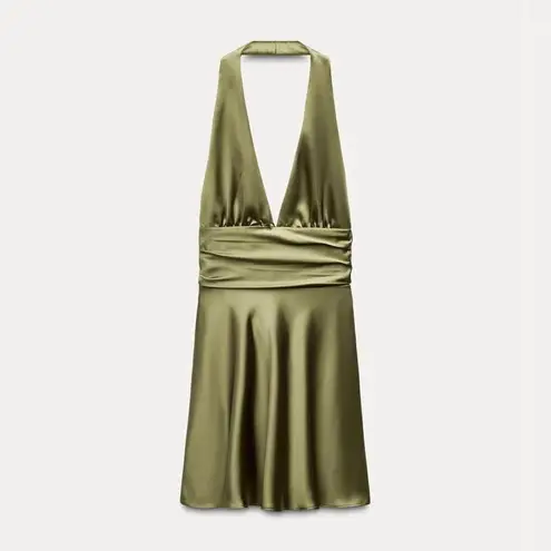 ZARA NWT  Satin Effect Halter Dress in Green Size M