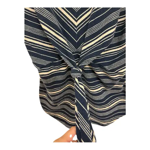 AUW Navy White Chevron Stripe Tie Front Blouse M Fitted Office Chic Top