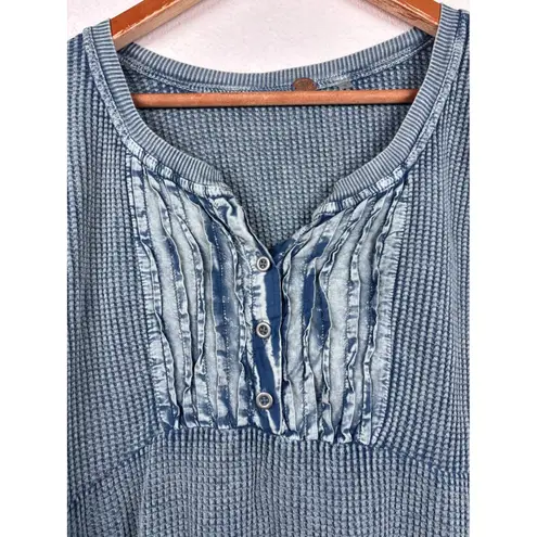 Free People  One Jolene XS Blue Thermal Waffle Knit Tiered Long Sleeve Mini Dress