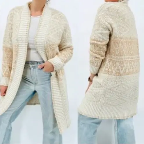 Joie  Beige Duster Knit Cardigan Open Front Longline Nordic Geometric Print Wool - Image 2