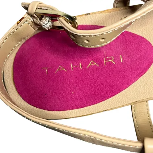 Tahari Favor Wedge Sandal Womens 9M Beige Leather Spring Flowers Strappy