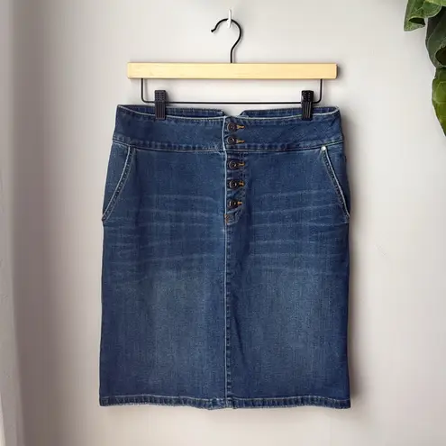 prAna Aubrey Exposed Button Fly High Waist Stretch Pencil Back Slit Denim Skirt